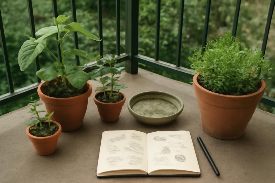 Small balcony with potted plants, a shallow water dish, and a notebook for observations