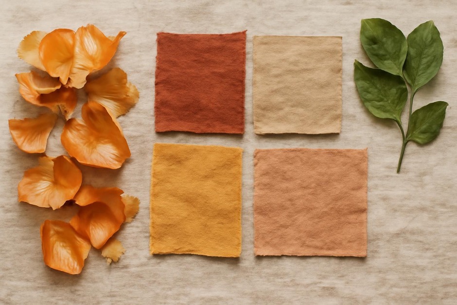 Small fabric swatches in warm natural colors laid out beside onion skins and leaves
