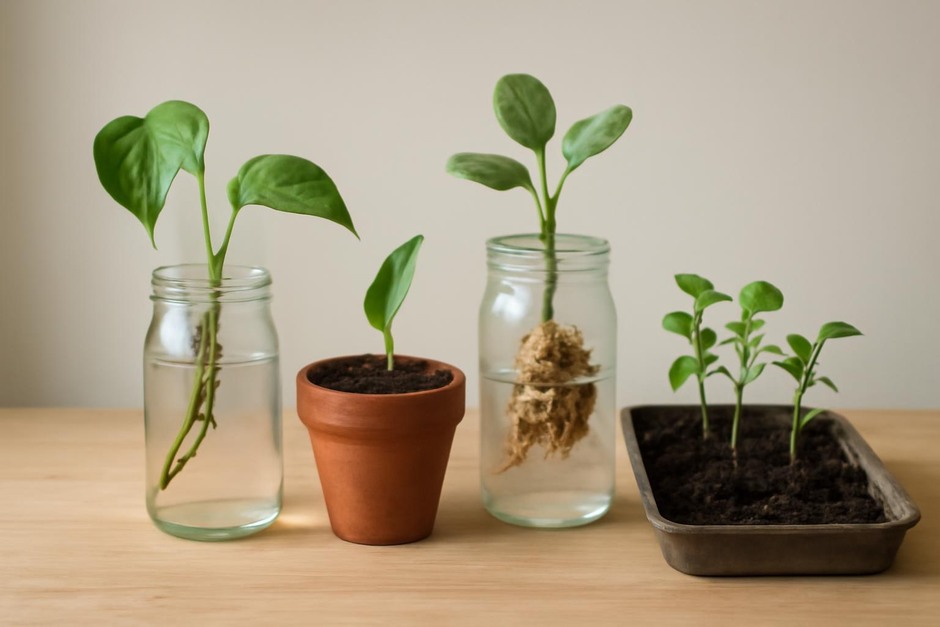 Three plant cuttings in glass jars and a tray of soil cuttings