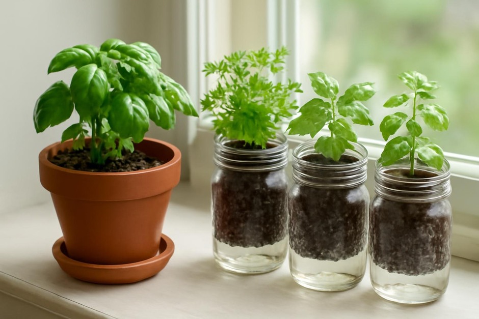Two windowsill herb setups: terracotta pots and mason jar sub-irrigated planters